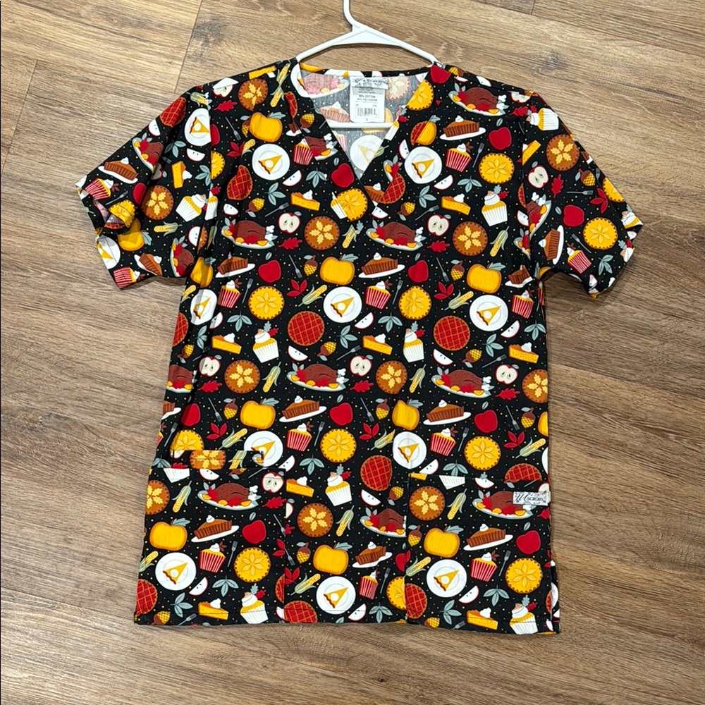 Colorful Thanksgiving Themed Scrub Top